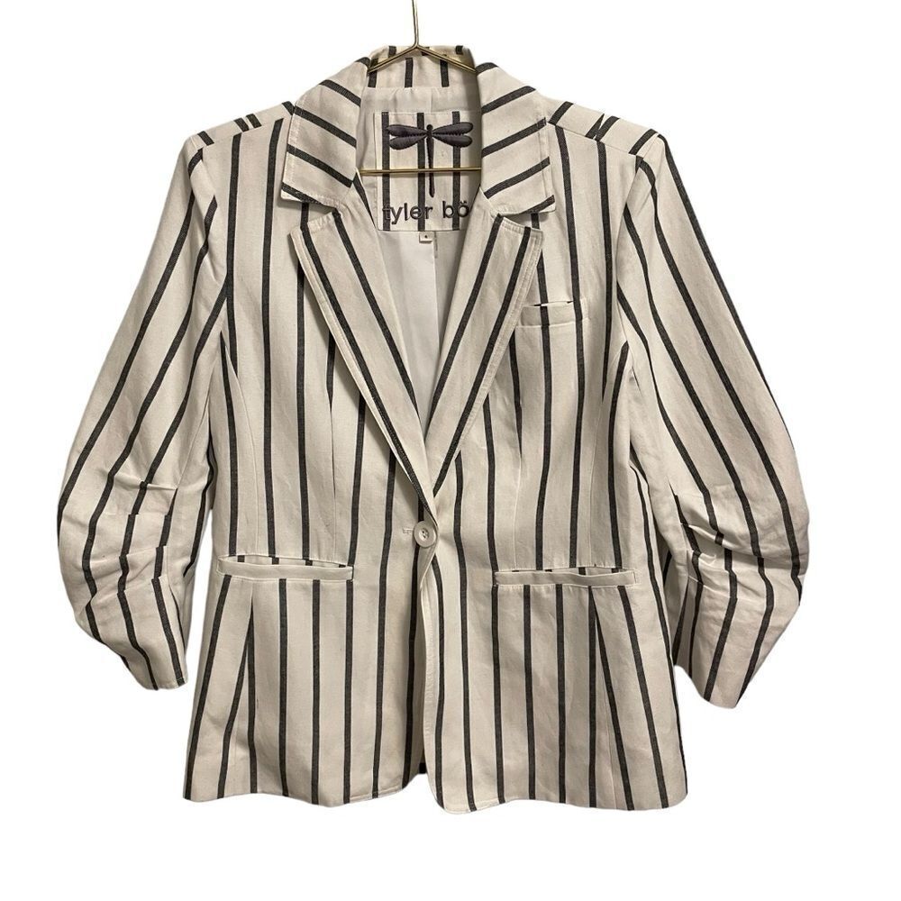 tyler böe Womens Striped Single Button Ruched 3/4 Sleeve Linen Blend Blazer 4
